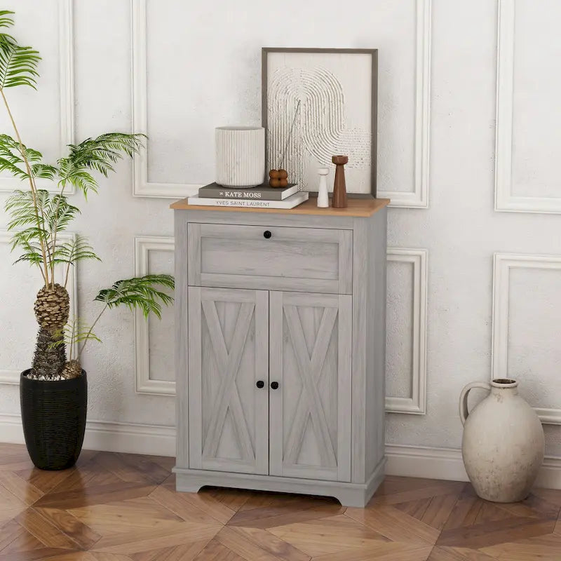 Meuble d'appoint de style rustique avec portes de grange, tiroir et étagère réglable