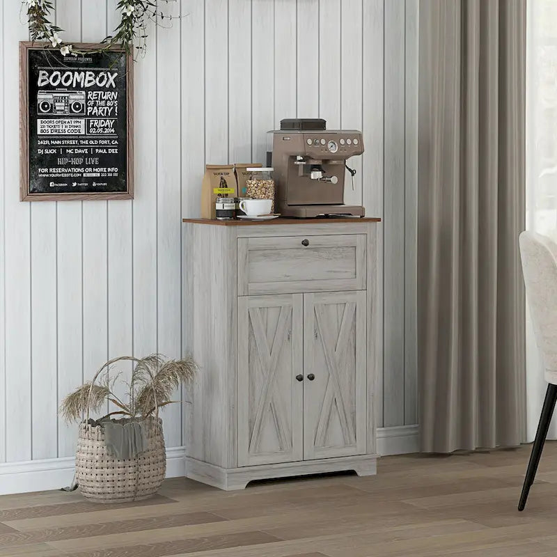 Meuble d'appoint de style rustique avec portes de grange, tiroir et étagère réglable