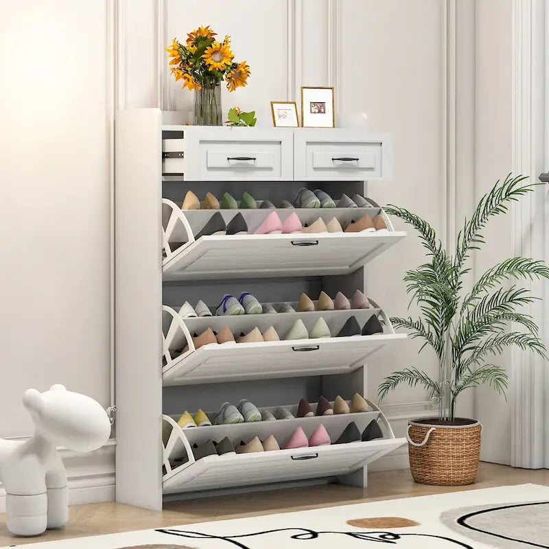 Meuble à chaussures d'entrée avec porte-manteau, 3 tiroirs basculants, 5 crochets, blanc