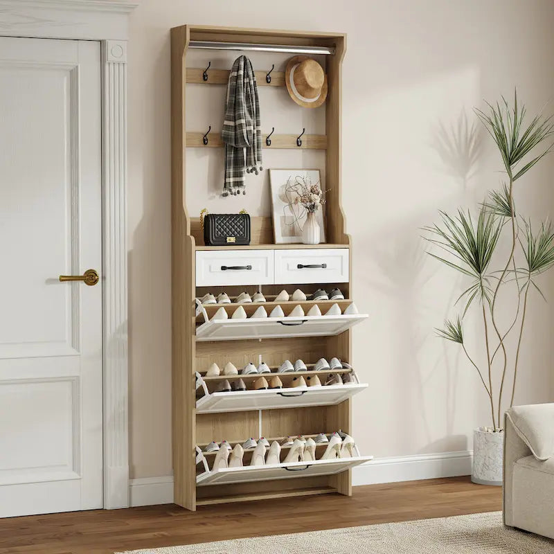 Meuble à chaussures en bois avec 3 portes et 2 tiroirs