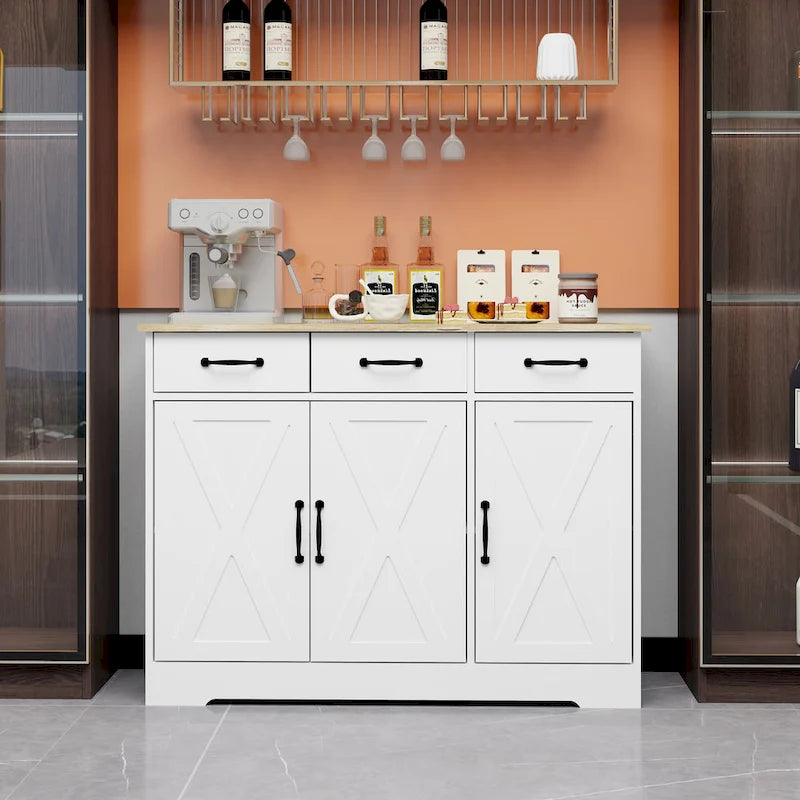 Buffet bahut de ferme avec 3 tiroirs et 3 portes – Blanc