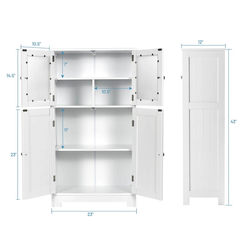 Meuble de rangement de salle de bain sur pied avec portes vitrées et étagères réglables