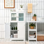 Meuble de rangement de salle de bain sur pied avec portes vitrées et étagères réglables