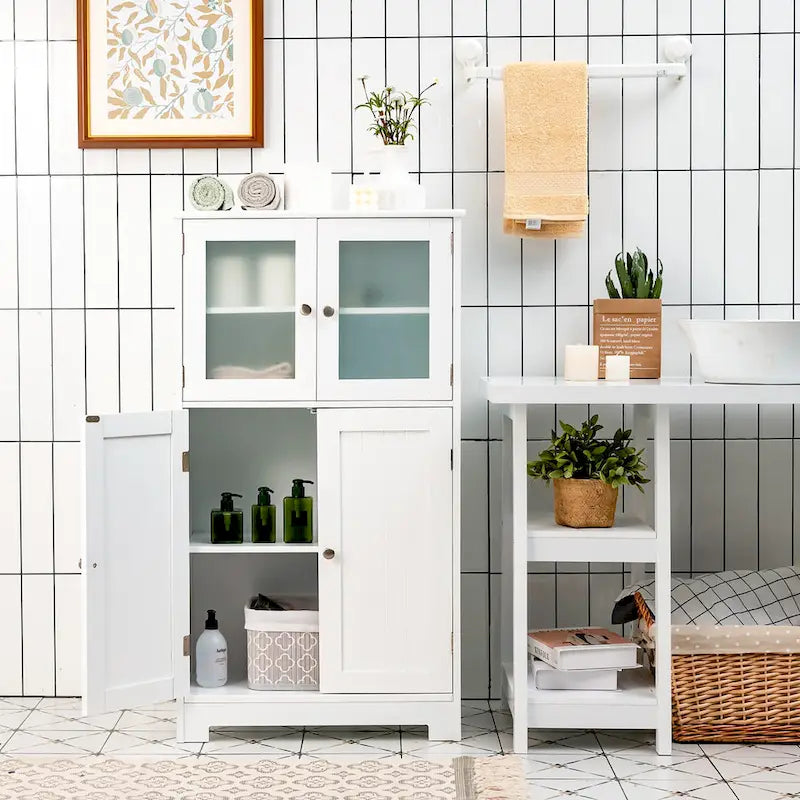 Meuble de rangement de salle de bain sur pied avec portes vitrées et étagères réglables