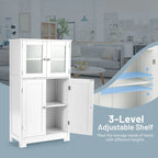 Meuble de rangement de salle de bain sur pied avec portes vitrées et étagères réglables