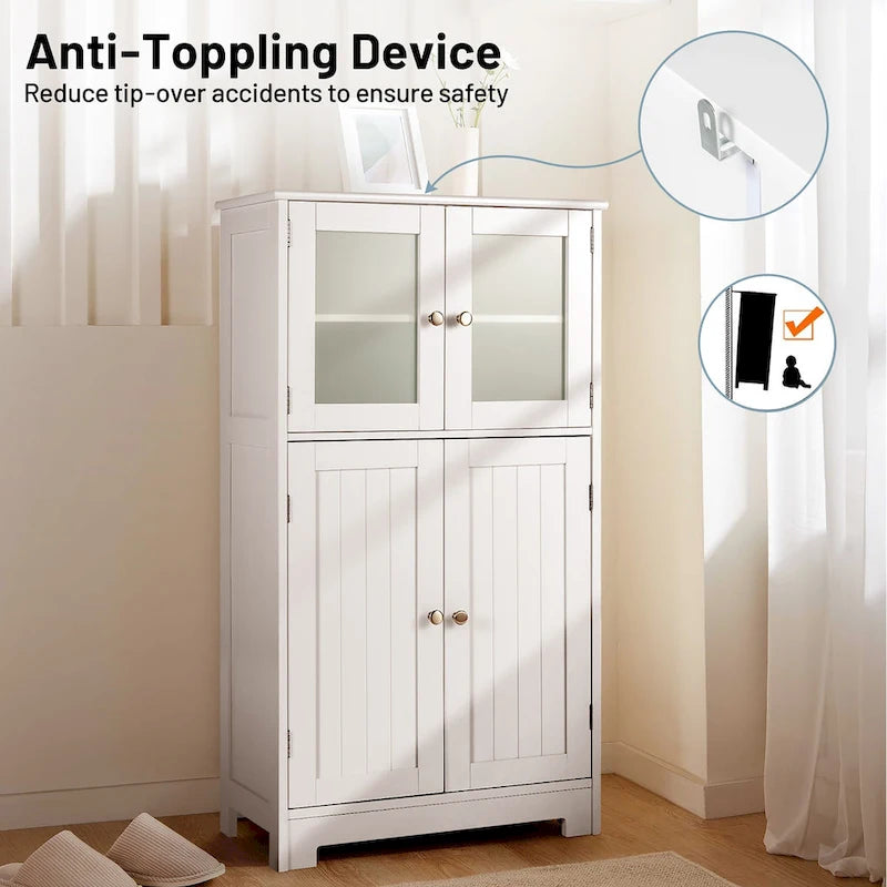 Meuble de rangement de salle de bain sur pied avec portes vitrées et étagères réglables