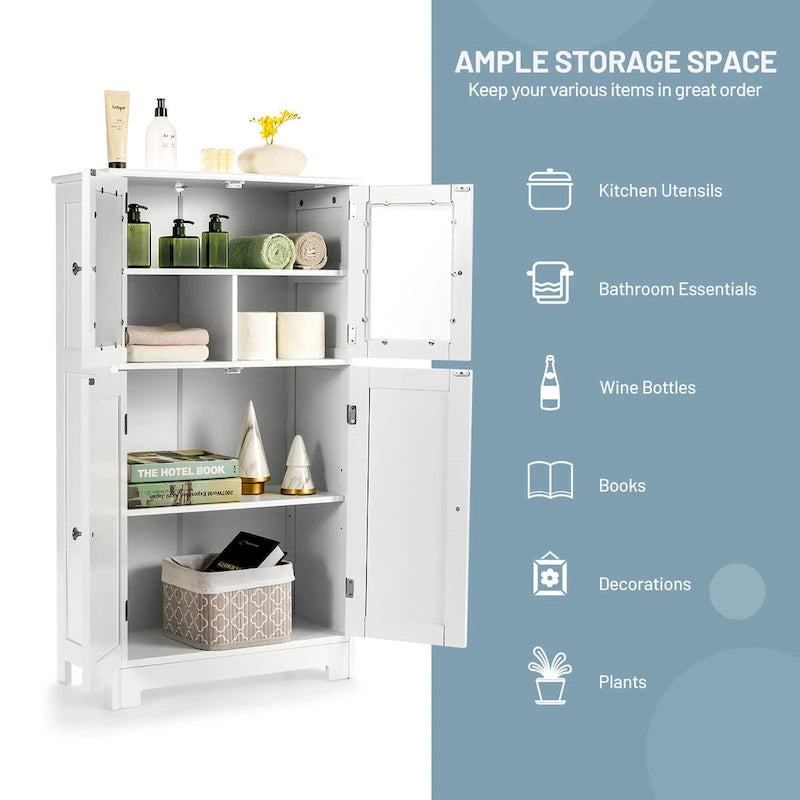 Meuble de rangement de salle de bain sur pied avec portes vitrées et étagères réglables