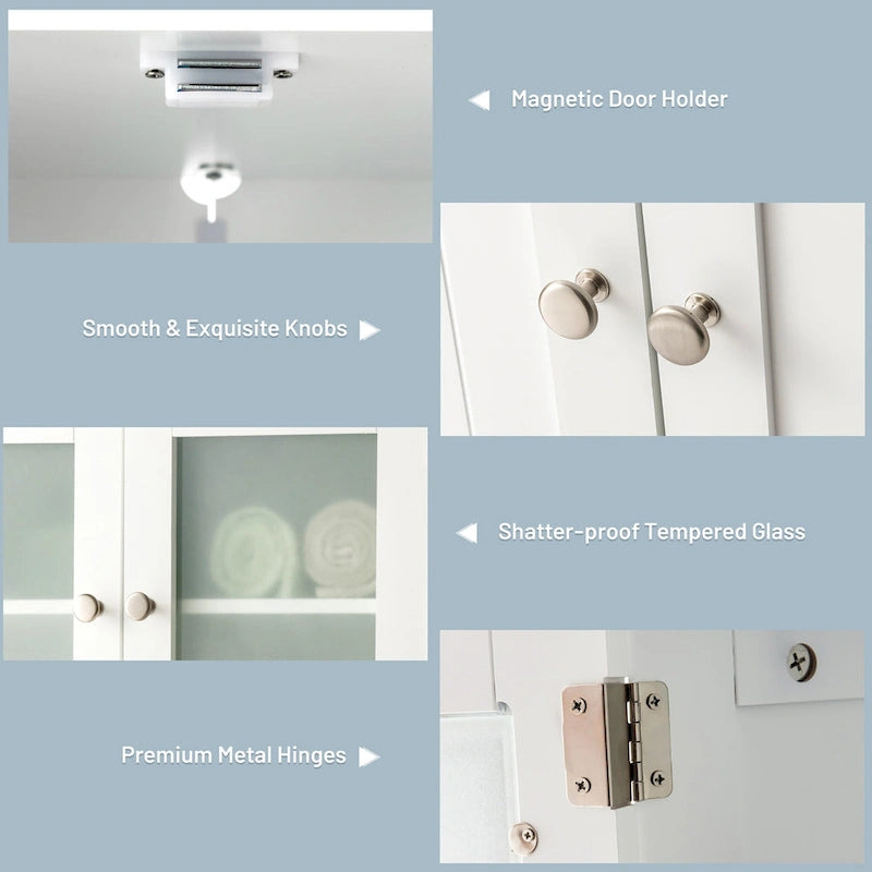 Meuble de rangement de salle de bain sur pied avec portes vitrées et étagères réglables