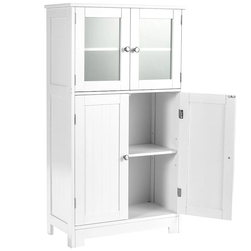 Meuble de rangement de salle de bain sur pied avec portes vitrées et étagères réglables