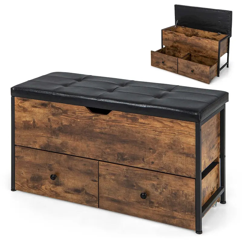 Banc de rangement ottoman avec plateau rabattable et 2 tiroirs