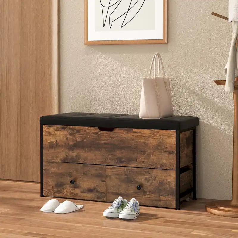 Banc de rangement ottoman avec plateau rabattable et 2 tiroirs