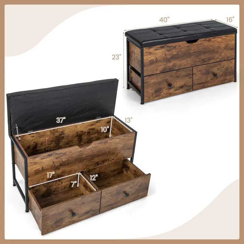Banc de rangement ottoman avec plateau rabattable et 2 tiroirs