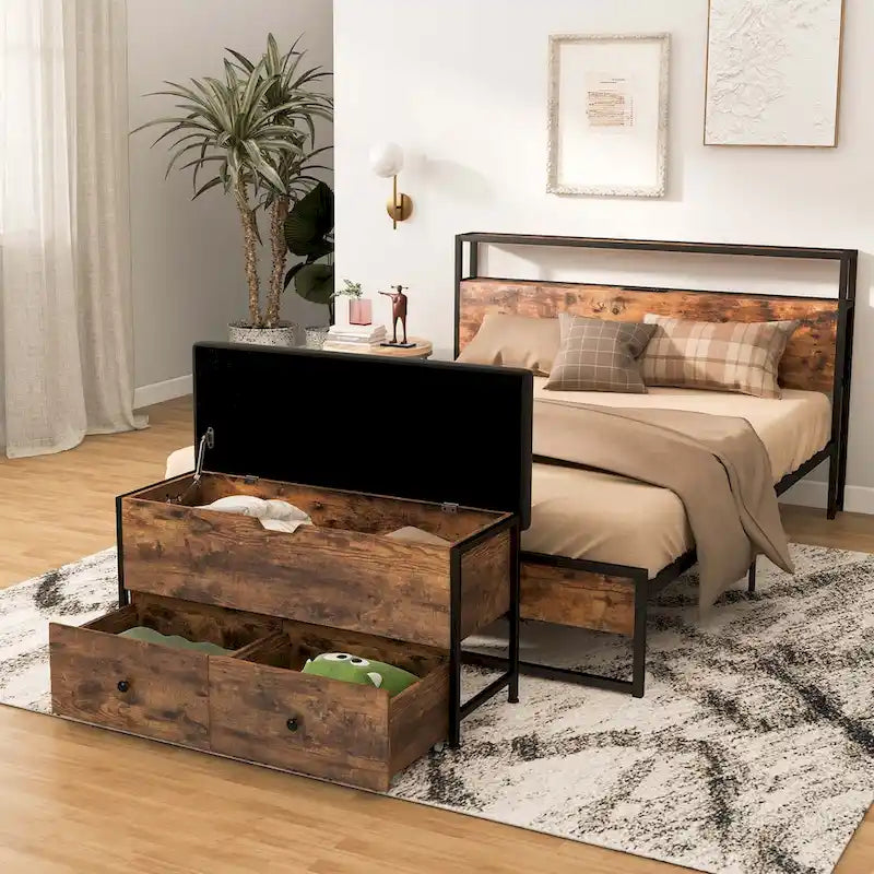 Banc de rangement ottoman avec plateau rabattable et 2 tiroirs