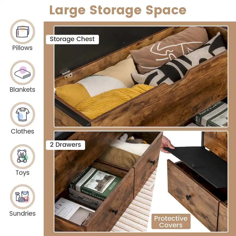 Banc de rangement ottoman avec plateau rabattable et 2 tiroirs
