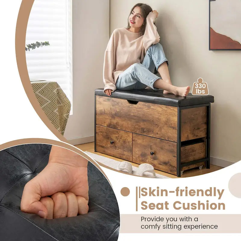 Banc de rangement ottoman avec plateau rabattable et 2 tiroirs
