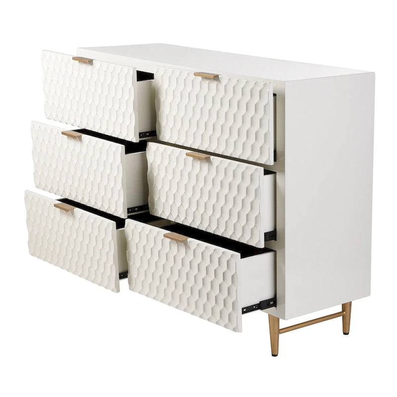 Commode d'appoint à six tiroirs avec quincaillerie dorée - Finition crème