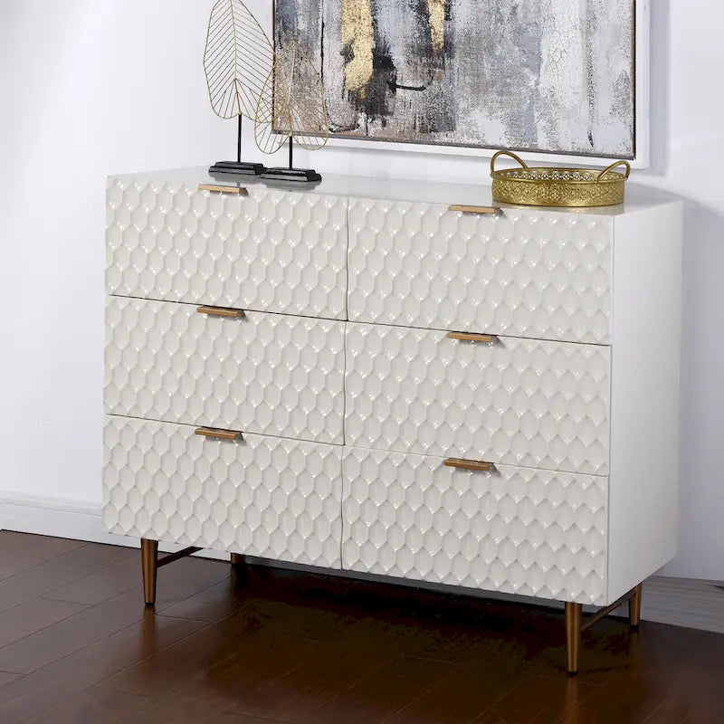Commode d'appoint à six tiroirs avec quincaillerie dorée - Finition crème