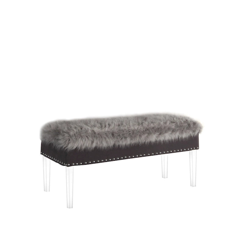 Banc de rangement gris et transparent en fausse fourrure de 42 po avec couvercle rabattable