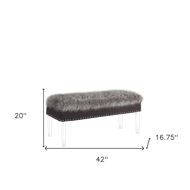 Banc de rangement gris et transparent en fausse fourrure de 42 po avec couvercle rabattable