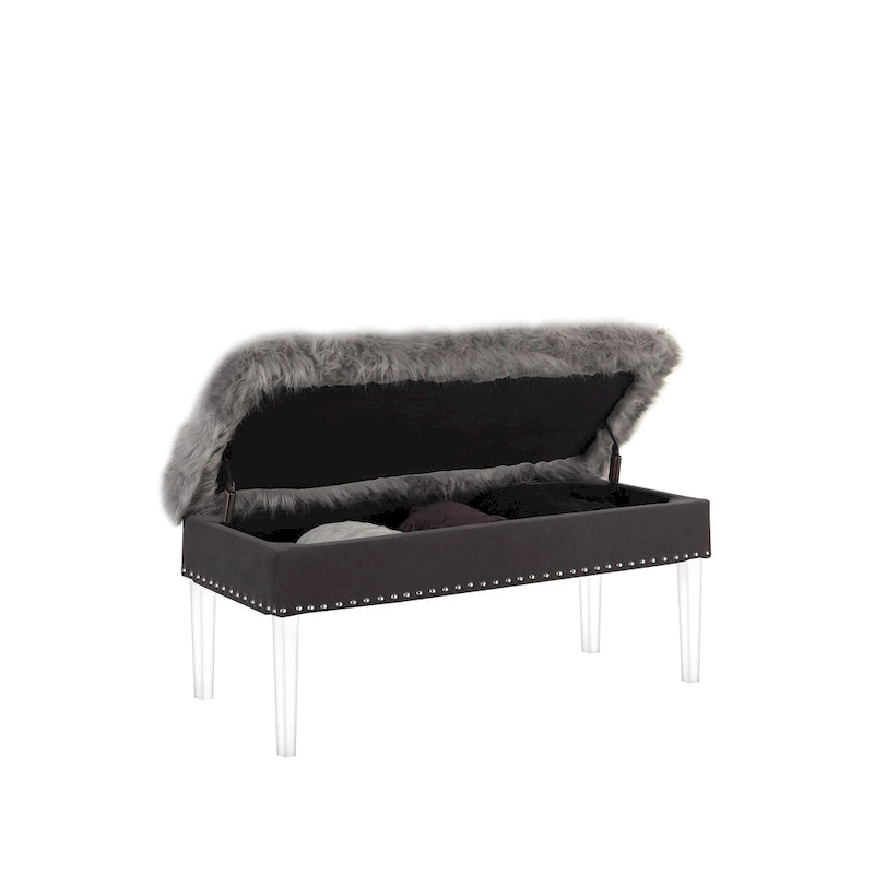 Banc de rangement gris et transparent en fausse fourrure de 42 po avec couvercle rabattable