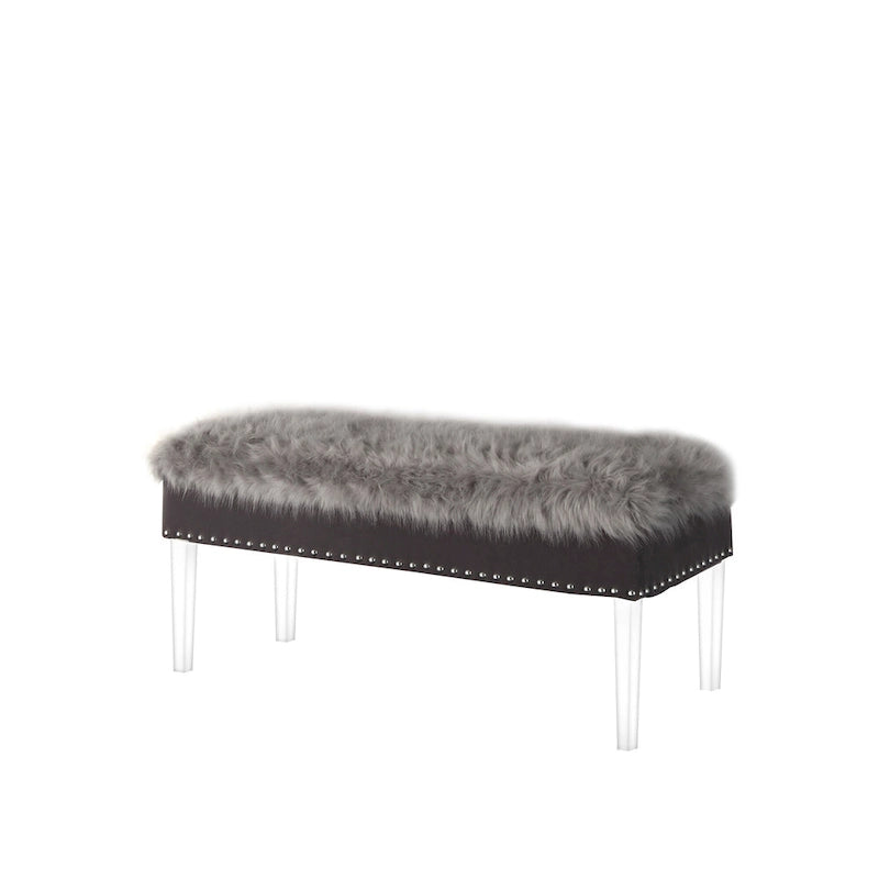 Banc de rangement gris et transparent en fausse fourrure de 42 po avec couvercle rabattable