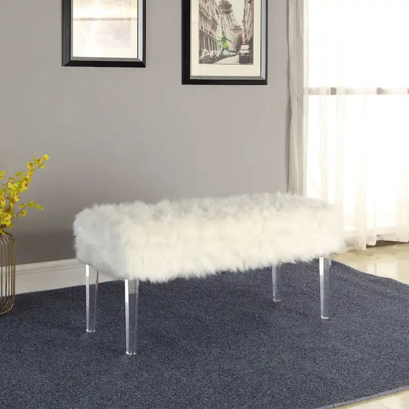 Banc de rangement gris et transparent en fausse fourrure de 42 po avec couvercle rabattable