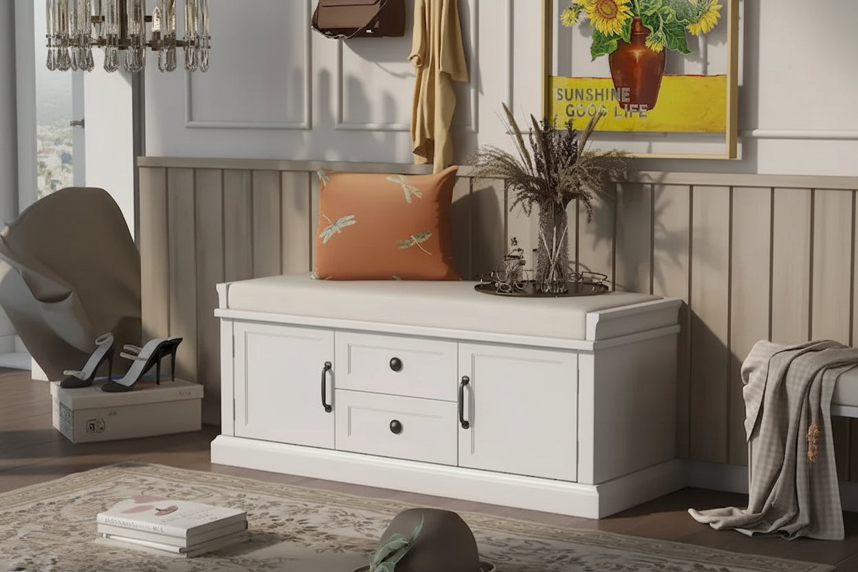 Storage Bench with 2 Drawers and 2 Cabinets, Shoe Bench with Removable Cushion for Living Room, Entryway