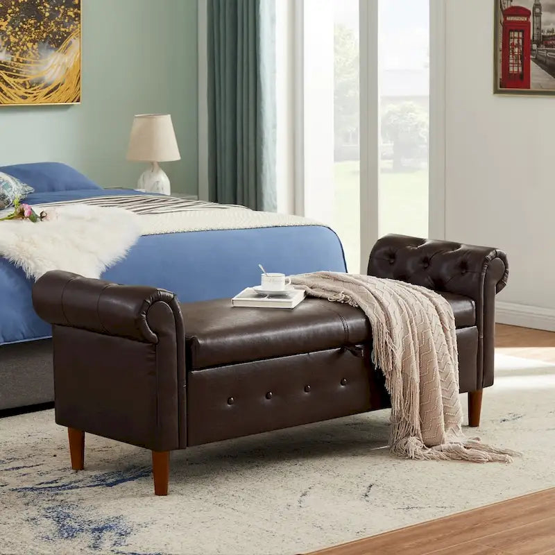 Banc coffre ottoman avec accoudoirs, cuir PU, capitonné, 160 cm