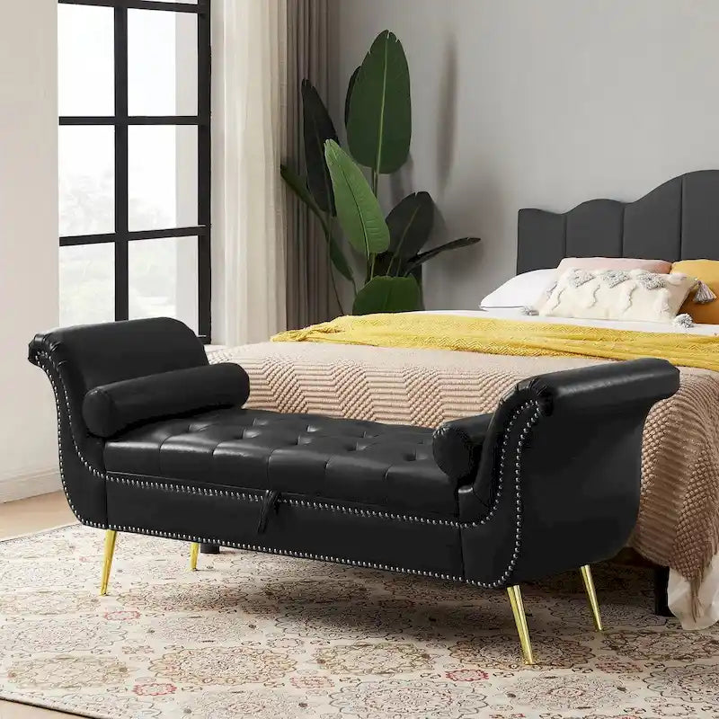 Banc coffre ottoman avec accoudoirs, cuir PU, capitonné, 160 cm