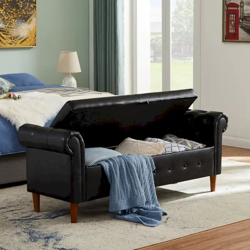 Banc coffre ottoman avec accoudoirs, cuir PU, capitonné, 160 cm