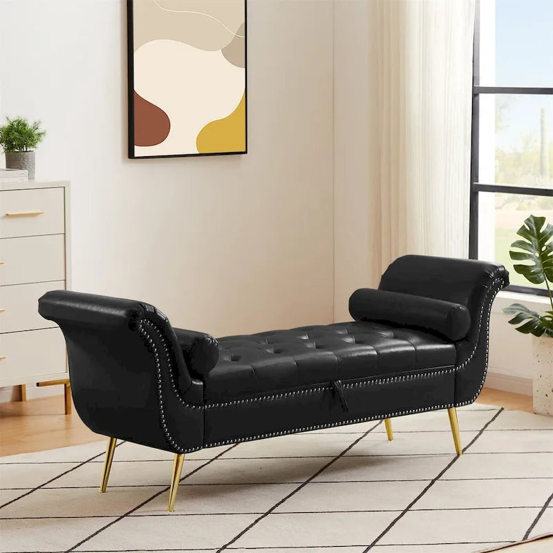 Banc coffre ottoman avec accoudoirs, cuir PU, capitonné, 160 cm