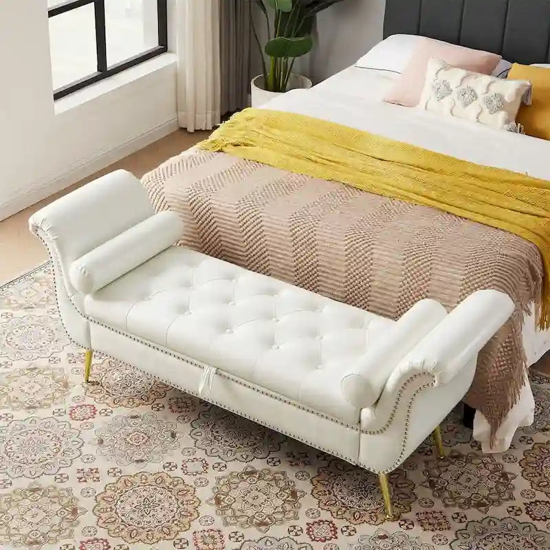 Banc coffre ottoman avec accoudoirs, cuir PU, capitonné, 160 cm
