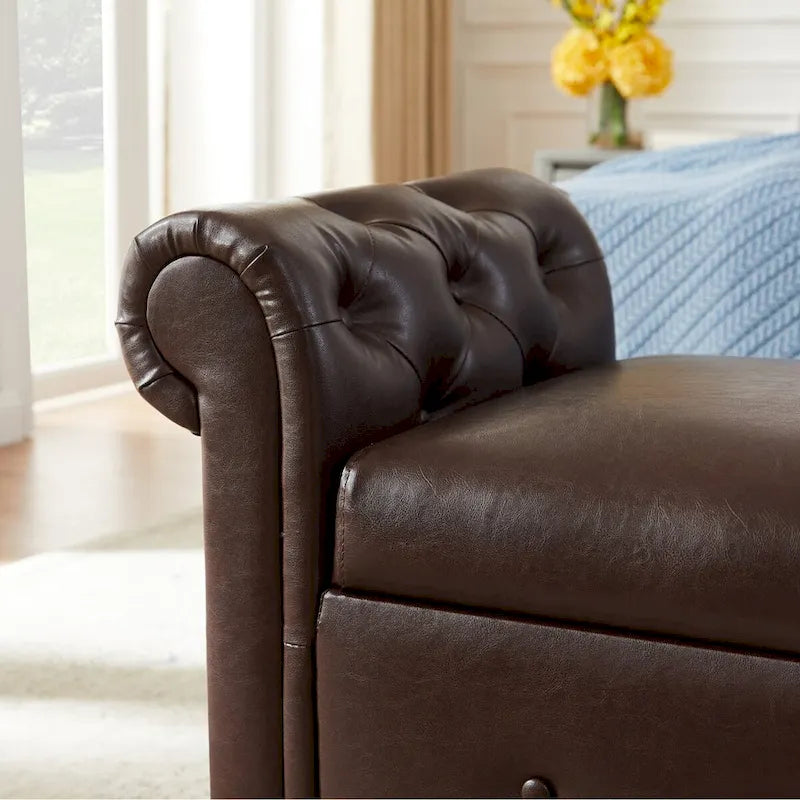 Banc coffre ottoman avec accoudoirs, cuir PU, capitonné, 160 cm