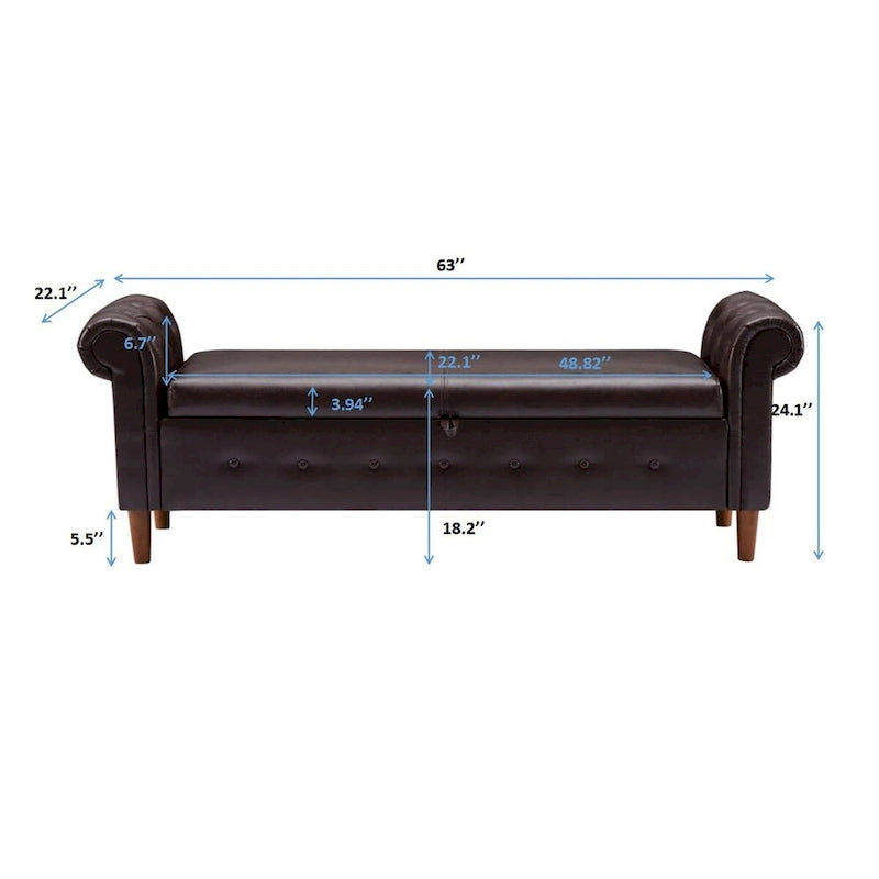 Banc coffre ottoman avec accoudoirs, cuir PU, capitonné, 160 cm