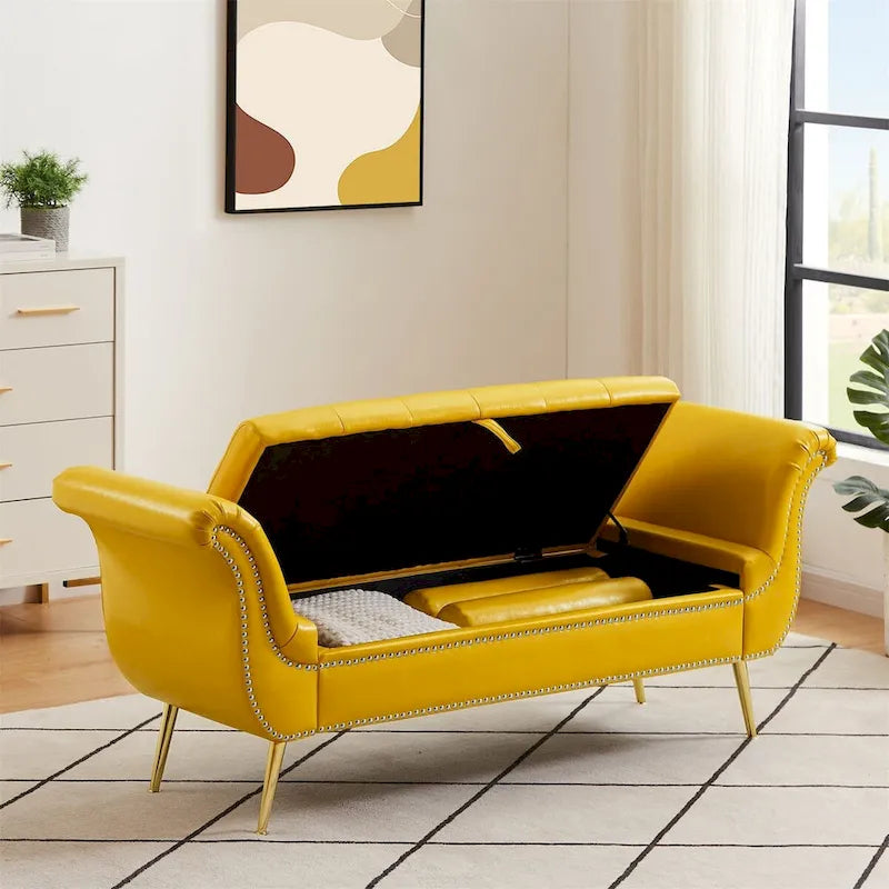 Banc coffre ottoman avec accoudoirs, cuir PU, capitonné, 160 cm