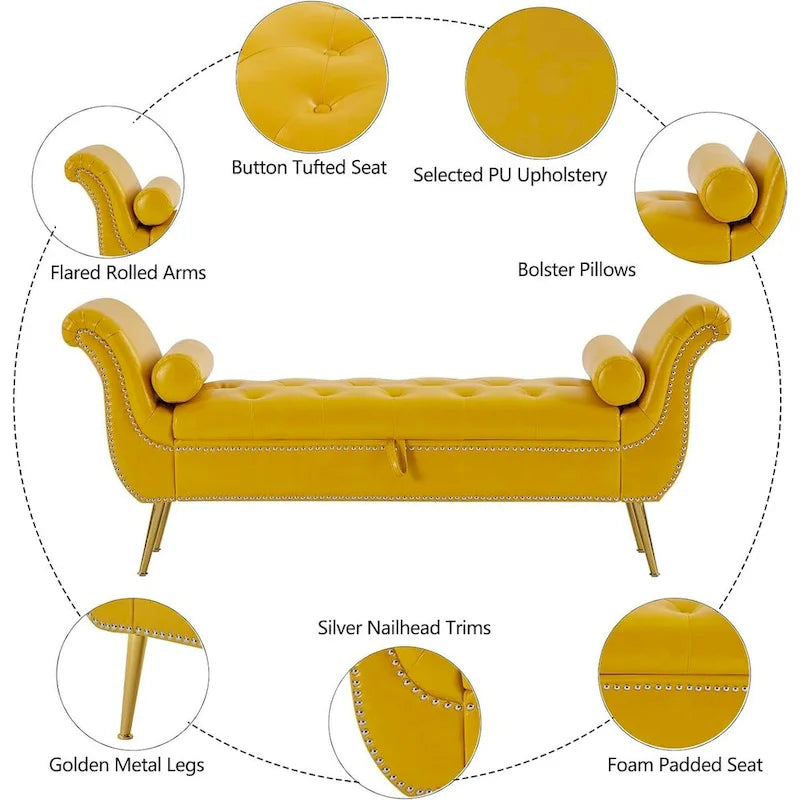 Banc coffre ottoman avec accoudoirs, cuir PU, capitonné, 160 cm