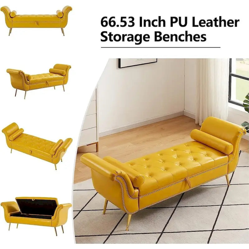 Banc coffre ottoman avec accoudoirs, cuir PU, capitonné, 160 cm