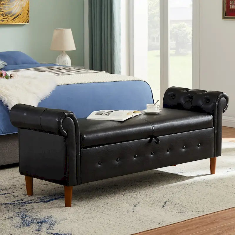 Banc coffre ottoman avec accoudoirs, cuir PU, capitonné, 160 cm