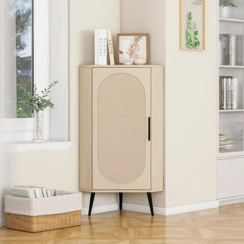 Meuble d'angle avec porte en rotin, étagère d'angle autoportante pour petits espaces, salon, cuisine, chambre