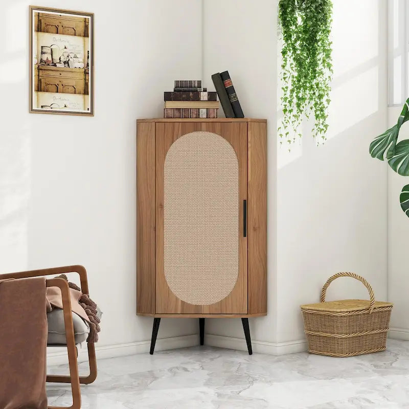Meuble d'angle avec porte en rotin, étagère d'angle autoportante pour petits espaces, salon, cuisine, chambre