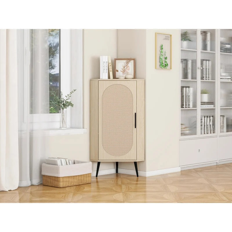 Meuble d'angle avec porte en rotin, étagère d'angle autoportante pour petits espaces, salon, cuisine, chambre