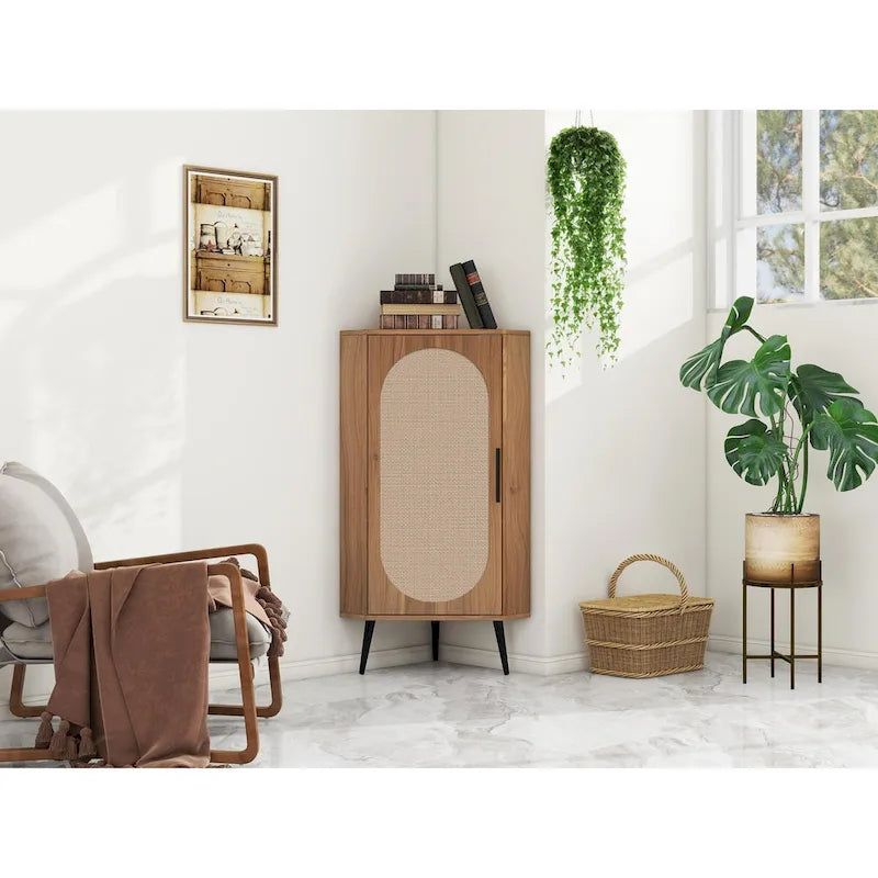 Meuble d'angle avec porte en rotin, étagère d'angle autoportante pour petits espaces, salon, cuisine, chambre