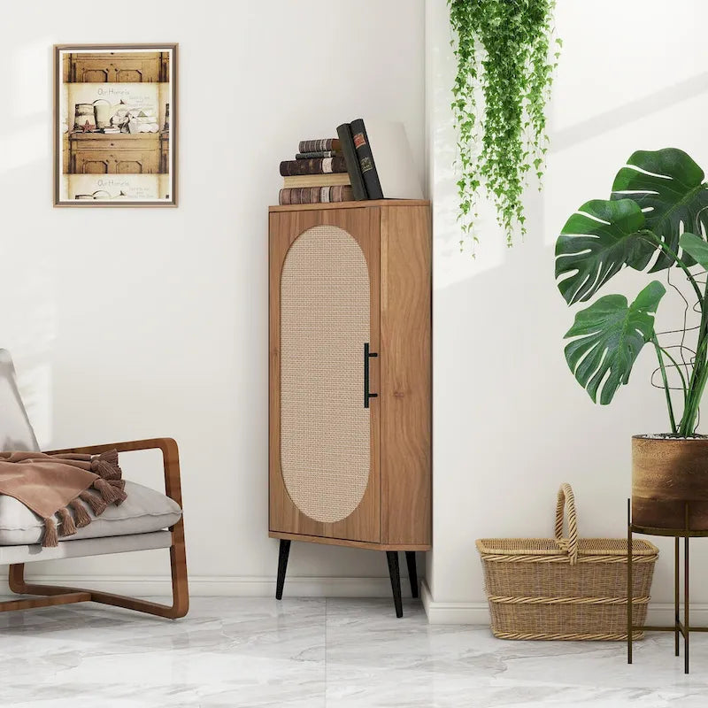 Meuble d'angle avec porte en rotin, étagère d'angle autoportante pour petits espaces, salon, cuisine, chambre