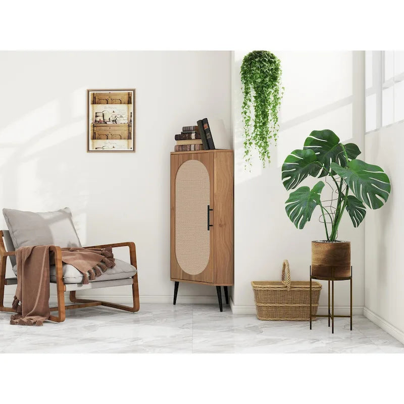 Meuble d'angle avec porte en rotin, étagère d'angle autoportante pour petits espaces, salon, cuisine, chambre