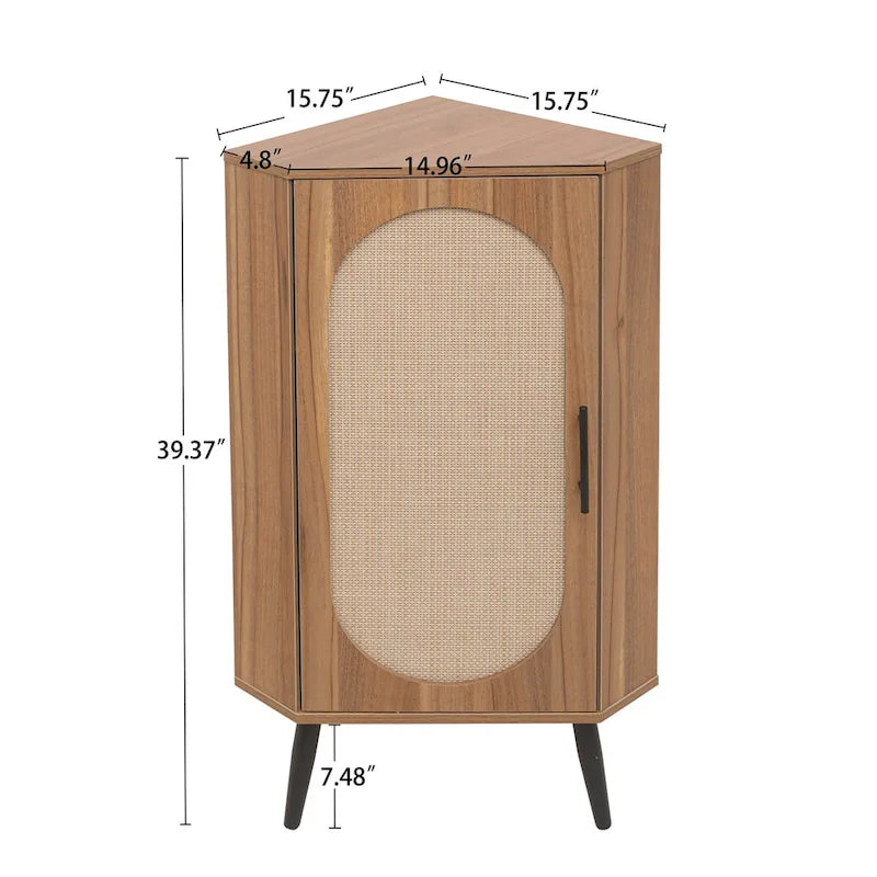 Meuble d'angle avec porte en rotin, étagère d'angle autoportante pour petits espaces, salon, cuisine, chambre