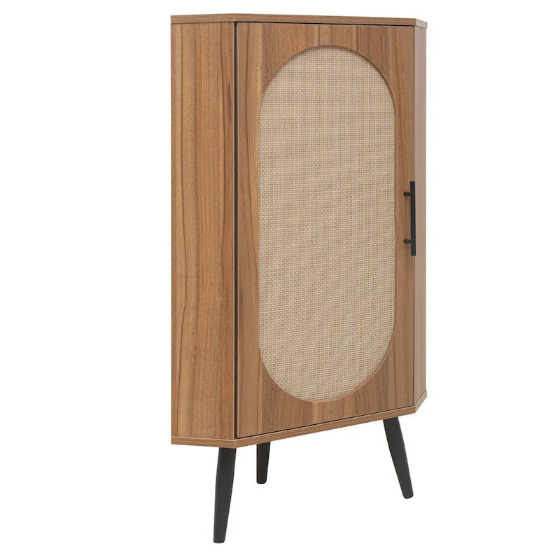 Meuble d'angle avec porte en rotin, étagère d'angle autoportante pour petits espaces, salon, cuisine, chambre