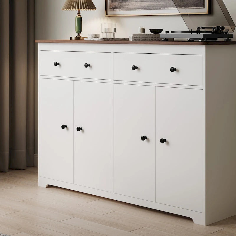 Buffet de salle à manger avec 2 tiroirs et 4 portes, 120 cm de large, blanc