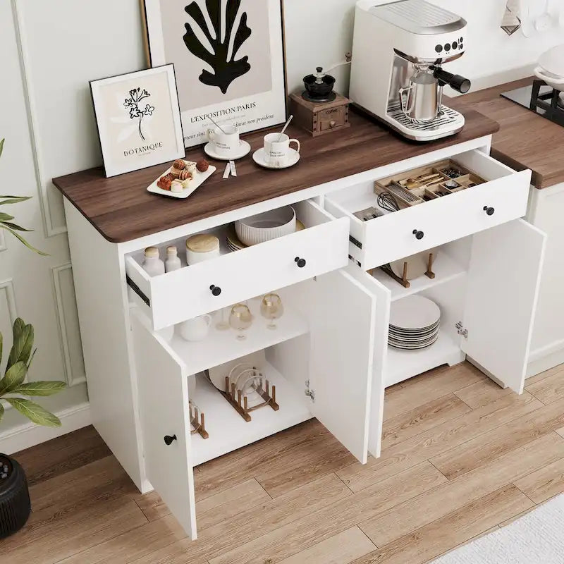 Buffet de salle à manger avec 2 tiroirs et 4 portes, 120 cm de large, blanc