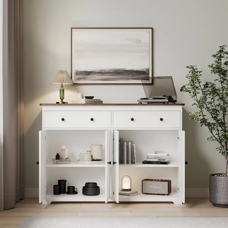 Buffet de salle à manger avec 2 tiroirs et 4 portes, 120 cm de large, blanc
