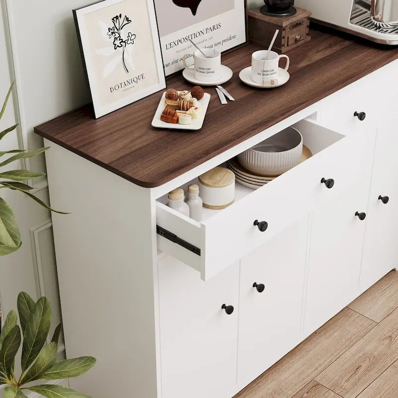 Buffet de salle à manger avec 2 tiroirs et 4 portes, 120 cm de large, blanc